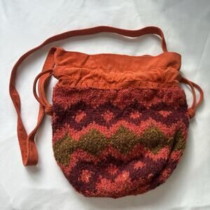 LB Evans HandKnits Boho Knit Bag Drawstring Suede Strap Sack Purse 10.5″ Vintage